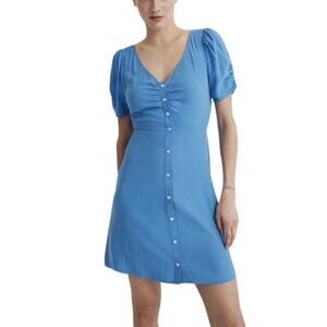 Madewell Button-Front Mini Dress Women 8 Blue Puff Sleeve Tie Waist Soft Tencel